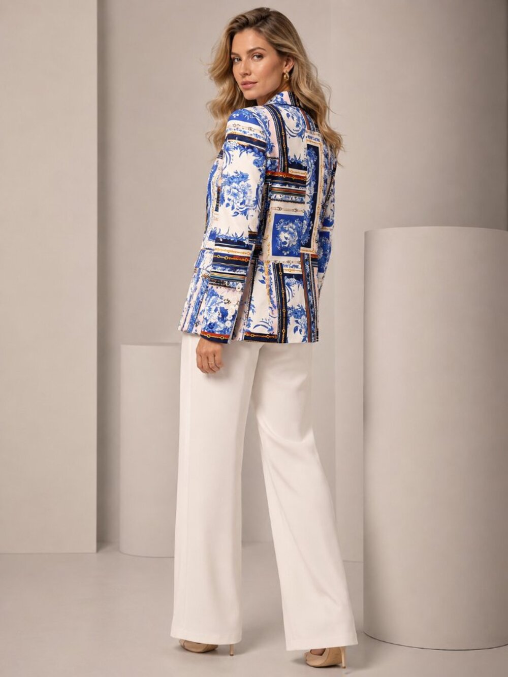Boston Proper Blue & White Porcelain Floral Blazer Gold Chain Accent Size 6 NEW - Picture 7 of 15
